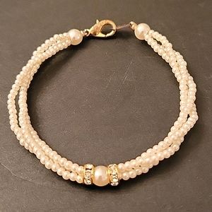 Vintage Faux-Pearl Triple-strand Bracelet with Crystals